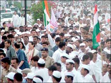 Sonia joined the marchers for about a kilometre from the Sabarmati Ashram to RTO Chowk